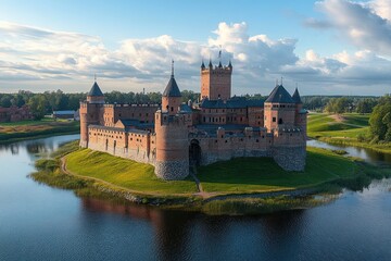 Large medieval brick castle with multiple towers surrounded by water moat on a sunny day with a partly cloudy sky and lush green landscape