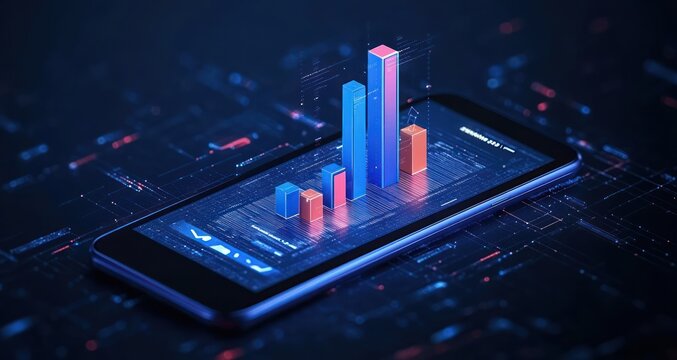 3d bar chart emerging from smartphone screen in a digital data interface with glowing blue and pink futuristic elements