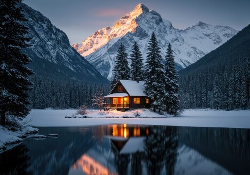 Snowy cabin reflecting in a tranquil lake surrounded by mountains