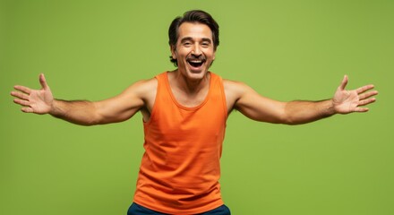 Fototapeta premium Cheerful adult male posing against lime green background expressing joyful emotion