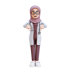 3D render muslim woman doctor character in a white lab coat pointing to bottom