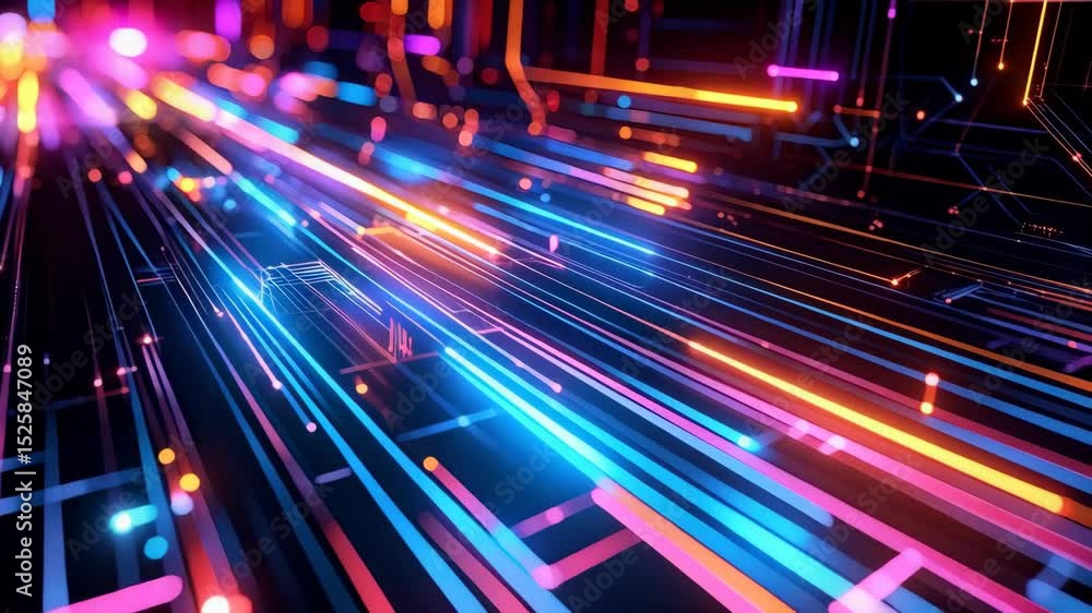 Poster futuristic network with glowing neon light trails and connections conveying data flow and technologi