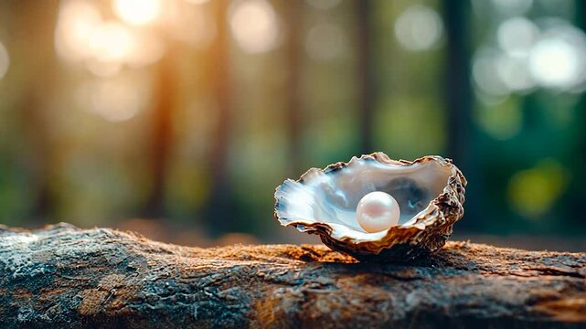 Pearl inside seashell on log with forest background