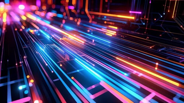 Futuristic network with glowing neon light trails and connections conveying data flow and technological progress in a digital space.