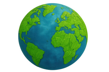 Naklejka premium Continents covered in green foliage symbolizing environmental awareness on planet earth, presented on a transparent background