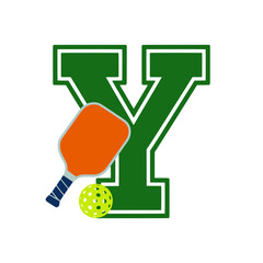 Pickleball gear with letter Y design, Bright illustration of an orange pickleball paddle and ball placed beside a bold green letter Y, representing sports activity.

