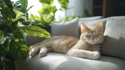 Relaxed orange cat naps peacefully on a couch amidst lush indoor plants, bathed in sunlight