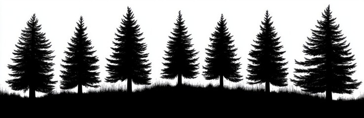 Obraz premium silhouettes of tall pine trees standing evenly spaced on a grassy hill against a white background evoking calm and natural beauty