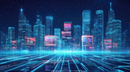 High-tech futuristic city skyline with digital billboards and transparent skyscrapers reflecting the neon city lights