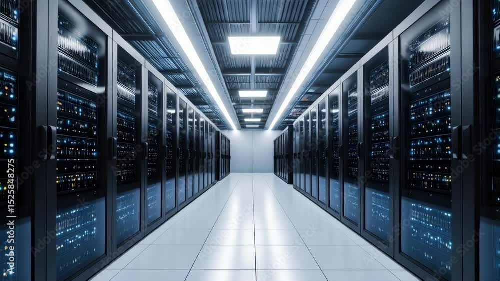 Aufkleber server room featuring symmetrical rows of computer servers with blinking lights and cable runs above