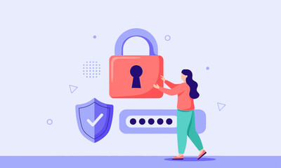 Enhancing Digital Security and Password Protection. Woman interacting with padlock, shield, and password field: symbolizing the active management of digital security and strong password practices.