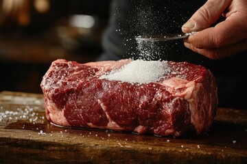 Close-up of raw steak on wooden cutting board with coarse salt being sprinkled by hand