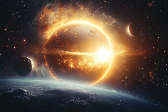 Vibrant cosmic scene featuring a glowing planet with fiery atmosphere and rings, surrounded by smaller moons and distant stars above a cloudy planetary surface