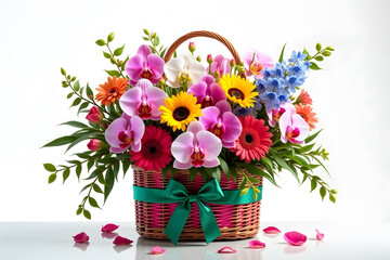 A basket filled with beautiful flowers isolated on the white background