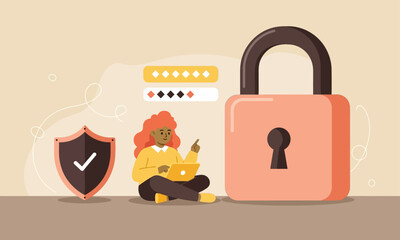 User Data Security and Password Strength. Person with laptop by padlock, shield, and password fields: strong user data security and password management.