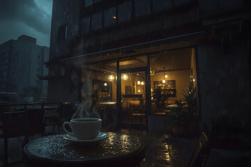A hot coffee cup under the heavy rain and high modern building surrounding
