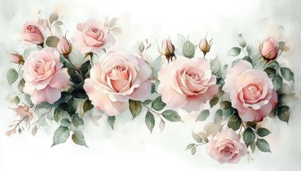 Delicate watercolor painting of soft pink roses with green leaves arranged in a horizontal bouquet conveying elegance and tranquility