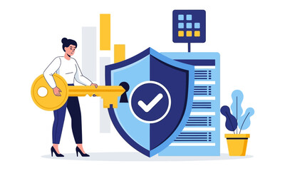 Data Security and Server Protection. a person securing data with a large key, a shield with a checkmark, and server racks in the background, symbolizing robust cybersecurity and digital protection.