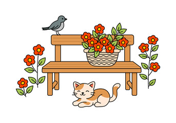 Garden bench with basket of flowers, bird and cute kitten, colorful vector illustration. Decorative design for themes of home, gardening and rural living.