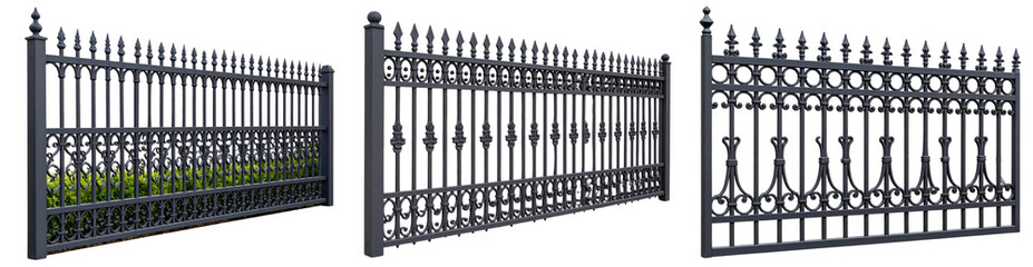 Ornate wrought iron garden fence segment with shadow, transparent background