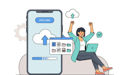 Fototapeta premium Successful Cloud Data Upload and Management. Joyous person celebrates successful cloud file upload via phone and laptop, symbolizing efficient data management and cloud computing