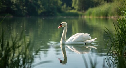 Swan on calm water nature reflection
