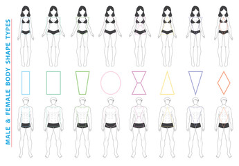 Set illustration of Male and Female Body Shape Types for Fashion and Clothing Fit or Fashion Fit Guide