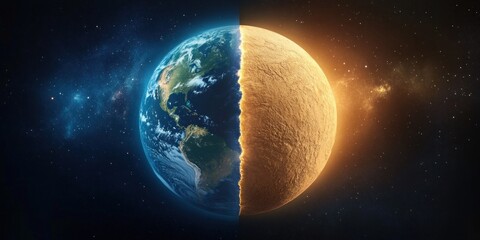Fototapeta premium Half Earth and half barren moon-like planet side by side surrounded by stars in space showing contrast between vibrant life and desolate terrain