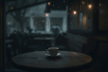 A hot coffee cup under the heavy rain and high modern building surrounding