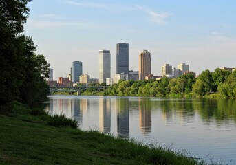 Downtown cityscape reflecting in the river on a sunny day