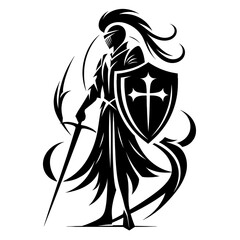Medieval knight with cross shield in vector silhouette