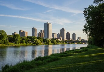 Obraz premium City skyline reflecting in river with green trees and grass on riverbank