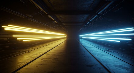 A long tunnel with yellow and blue lights