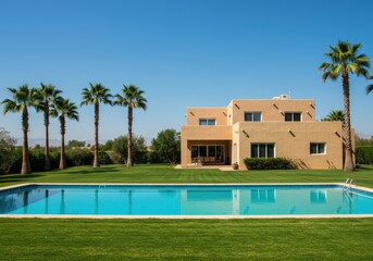 Modern house with swimming pool and palm trees under clear blue sky