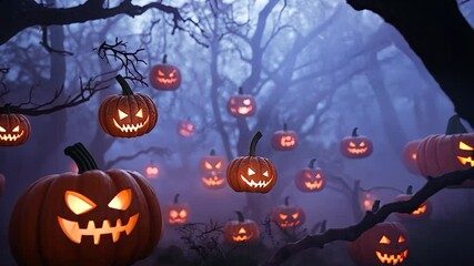 Glowing jack o lantern pumpkins floating in misty night scene halloween background - Powered by Adobe