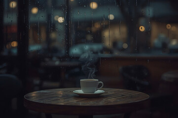 A hot coffee cup under the heavy rain and high modern building surrounding