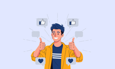  Enthusiastic Man with Social Media Feedback. Man gives double thumbs-up surrounded by social media icons, symbolizing positive online interaction.