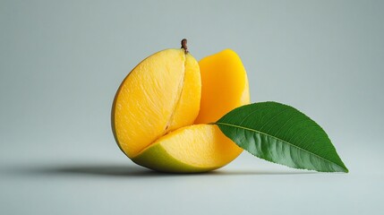 Ripe mango cut into three sections, revealing its vibrant yellow flesh, alongside a lush green leaf