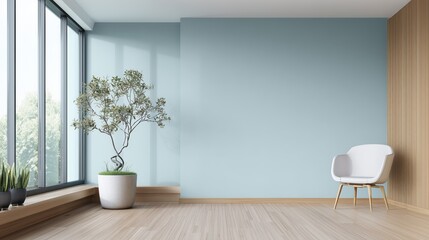contemporary scandinavian-style interior featuring wide pastel blue-gray wall for mockup display 2