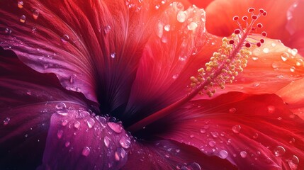 Obraz premium Hibiscus Flower Macro Photography: Vibrant Red Petals with Dew Drops