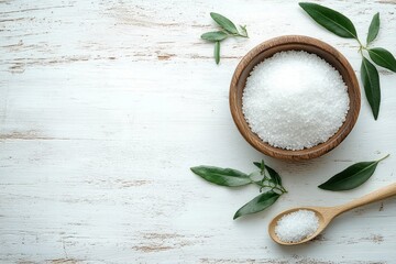 Coarse white salt in a wooden bowl and spoon with green leaves on a rustic white wooden surface creating a natural and fresh atmosphere