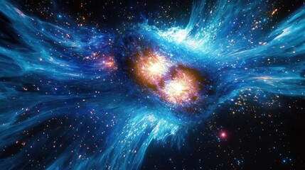 Vivid cosmic scene depicting two bright glowing celestial cores surrounded by streaming blue nebula clouds and scattered sparkling stars in deep space