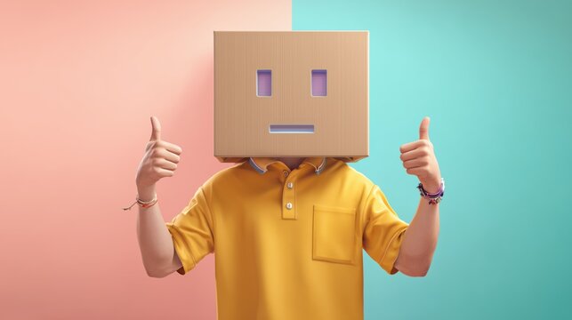 Digital art of a person with a cardboard box emoji face, in cartoon or flat 3D style.