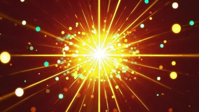 Vibrant digital artwork explosion of light and color radiant yellow gold starburst with green and orange bokeh on deep red background symmetrical festive celebration video download