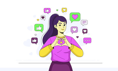 Social Media Engagement and Love. Happy woman makes heart with hands, surrounded by social media icons, symbolizing online interaction and positive engagement.