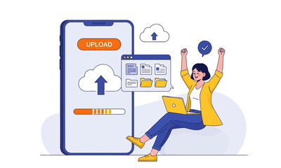  Successful Cloud Data Upload and Management. Joyous person celebrates successful cloud file upload via phone and laptop,  symbolizing efficient data management and cloud computing