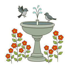 Garden fountain, bird bath with two birds and flower bushes around vector illustration, decorative design element, greeting card, poster.