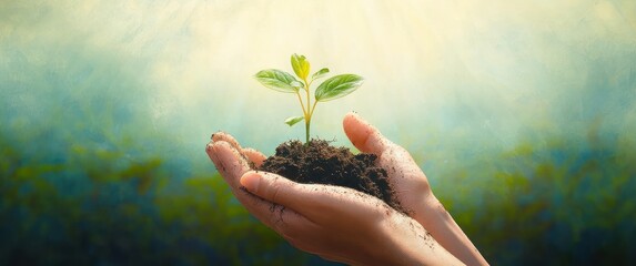 Fototapeta premium Hands gently holding soil with a small green seedling sprouting under warm sunlight symbolizing growth and nurturing