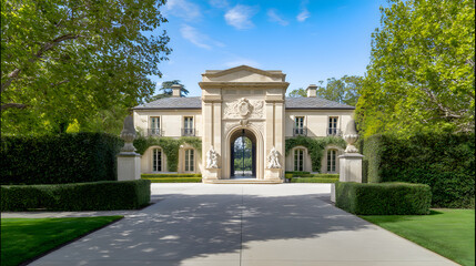 Obraz premium Grand mansion entrance with ornate doorway, framed by lush greenery; timeless elegance of luxury estate architecture.