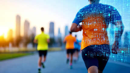 Runners on a city road at sunrise, with digital graphics overlaying one athlete, symbolizing technology in sports and fitness.